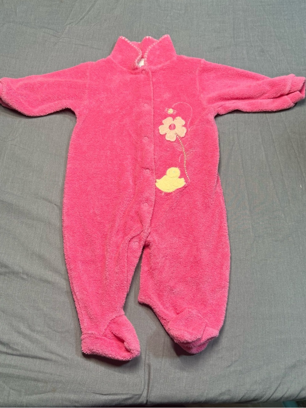 Y2K Carter's Bright Pink Plush Footed One-Piece with Yellow Duck & Flower